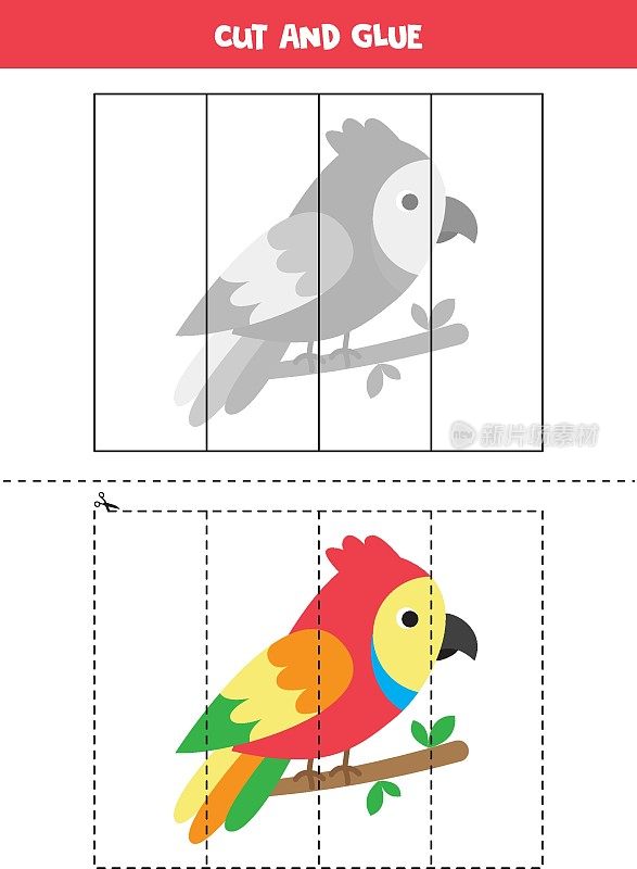 Cut and glue game for kids. Cute colorful parrot.